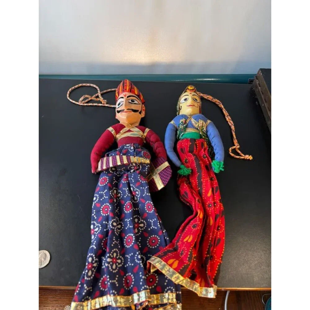 Rajasthani Kathputli String Puppets Pair Carved Wood Heads Indian Folk Art